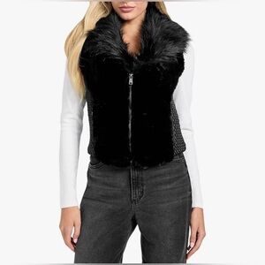 Guess Black & White Women's Faux-Fur Collar Jacket Vest S